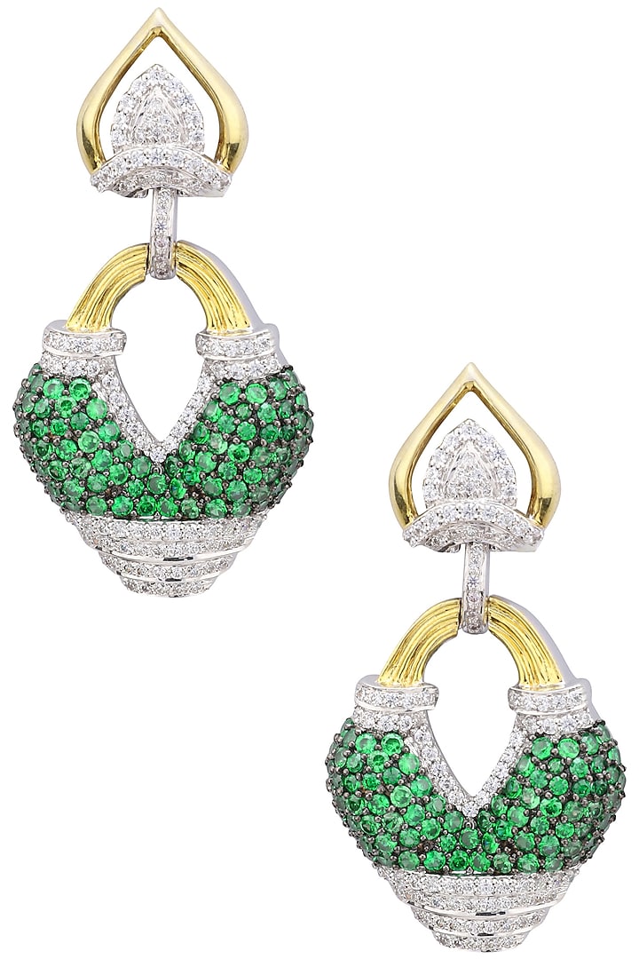 Rhodium Finish White and Green Zircons Earrings by Tsara