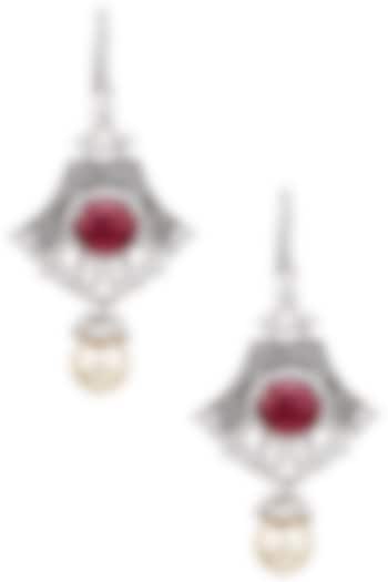Rhodium Plated Zircons, Ruby and Pearl Earrings by Tsara