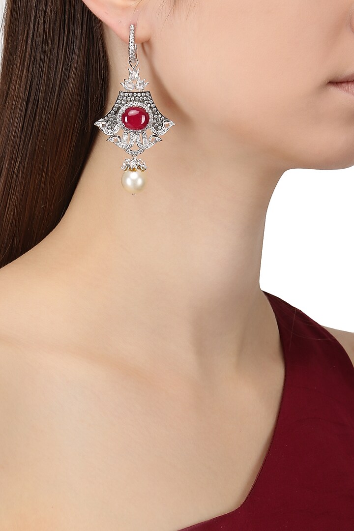Rhodium plated zircons, ruby and pearl earrings available only at Pernia's Pop Up Shop.