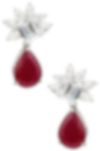 Rhodium Plated Cubic Zircons and Ruby Drop Earrings by Tsara