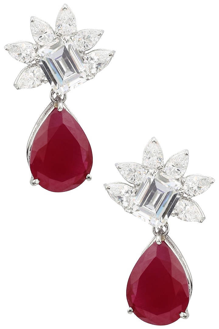 Rhodium Plated Cubic Zircons and Ruby Drop Earrings by Tsara