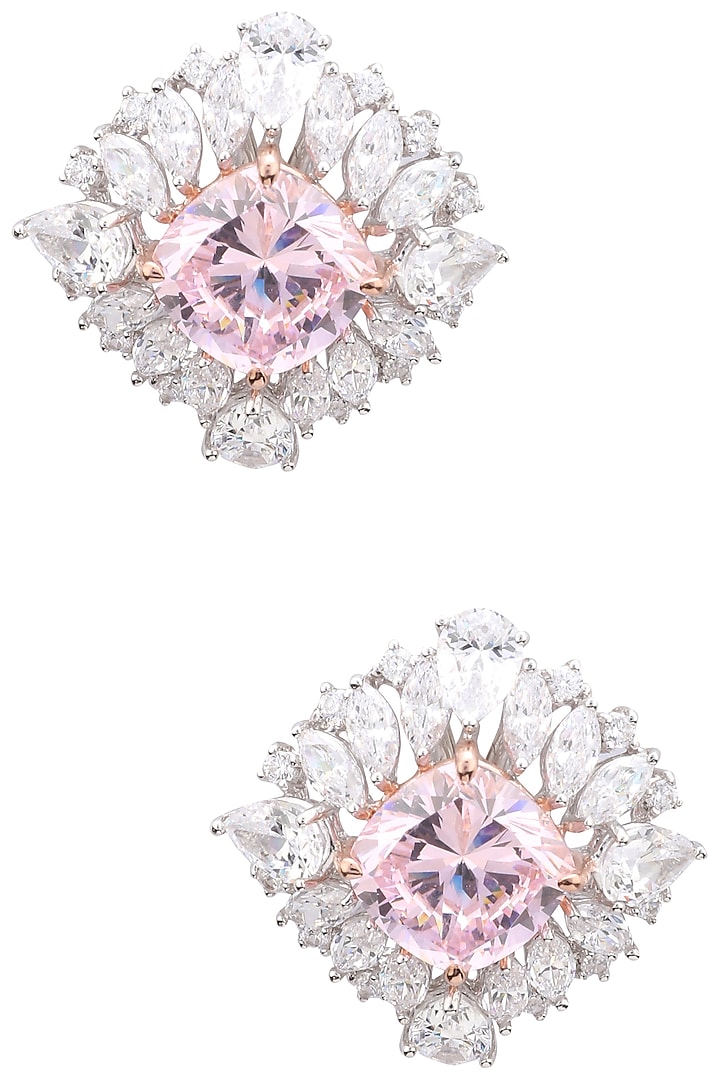 Rhodium Plated White and Baby Pink Cubic Zircons Earrings by Tsara