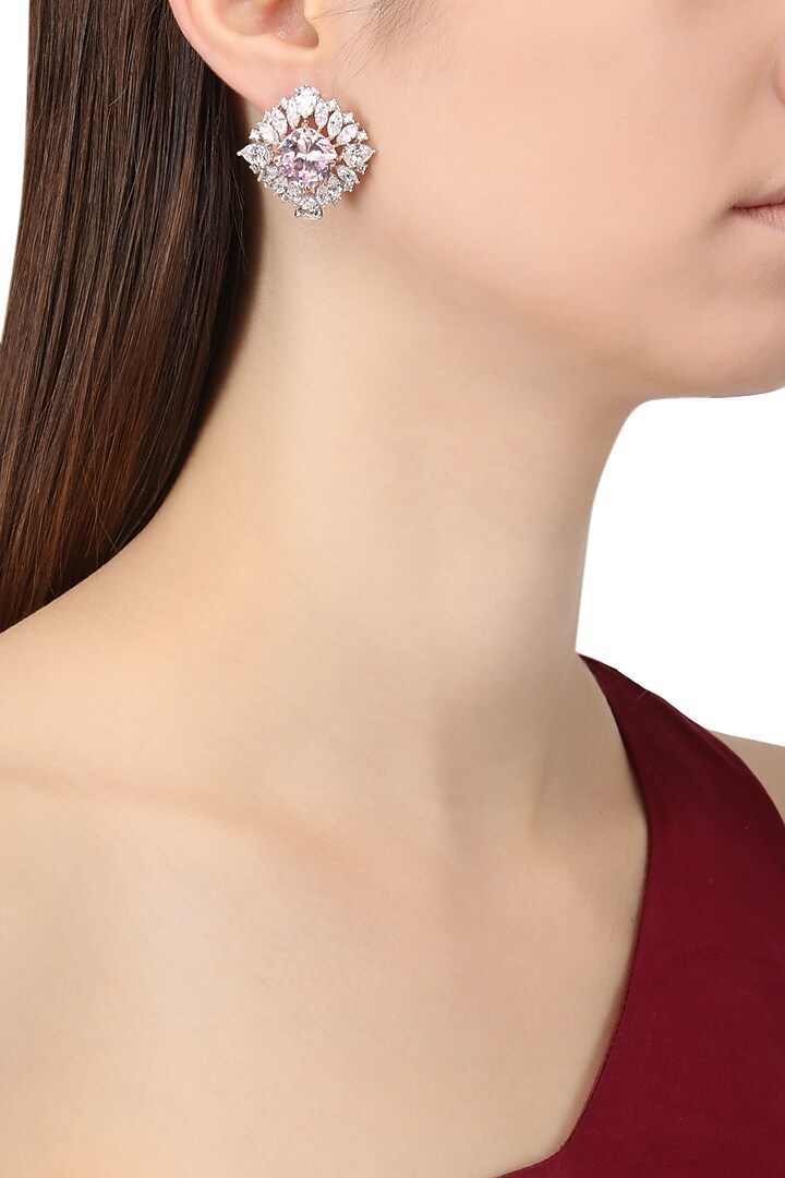 Rhodium plated white and baby pink cubic zircons earrings available only at Pernia's Pop Up Shop.