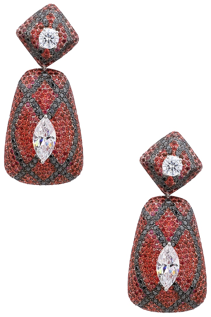Rhodium Finish Cubic Zircons Textured Drop Earrings by Tsara