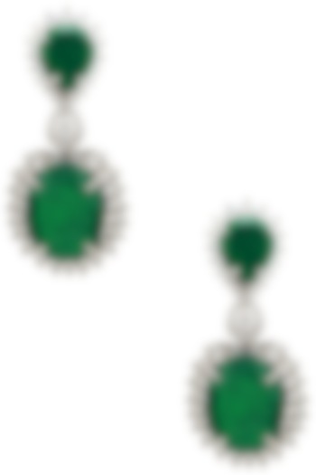 Rhodium Finish Zircons and Emerald Drop Earrings by Tsara