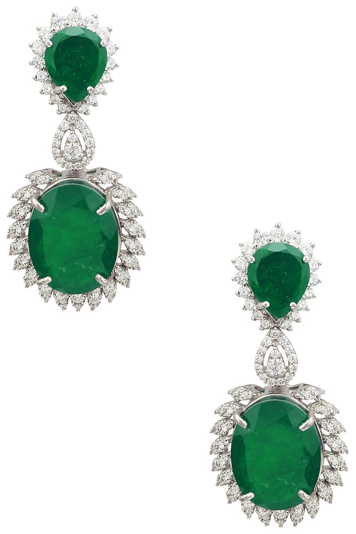 Rhodium Finish Zircons and Emerald Drop Earrings by Tsara