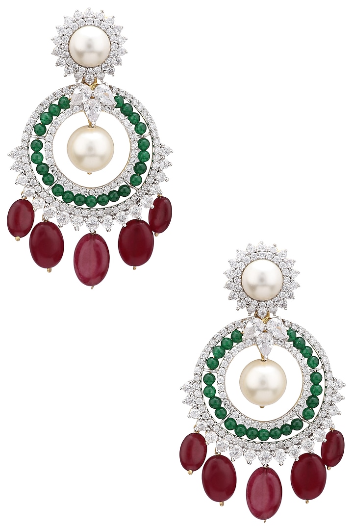 Rhodium Plated Zircons, Rubies and Emeralds Earrings by Tsara