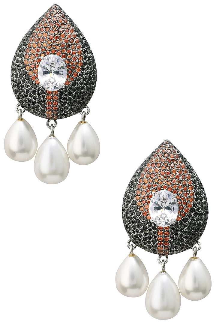Rhodium finish zircon and swarovski textured pearl drop earrings available only at Pernia's Pop Up Shop.