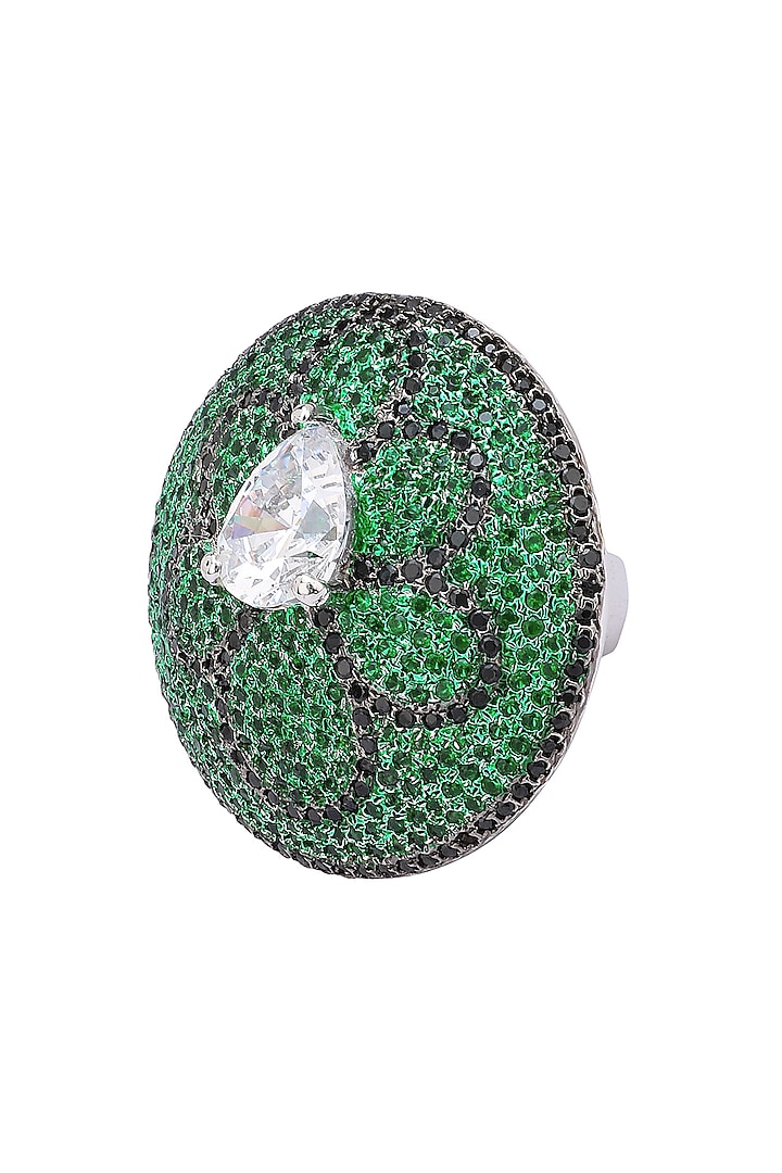 Rhodium Finish Zircon and Swarovski Textured Floral Ring by Tsara
