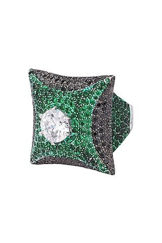 Rhodium Finish Zircon and Swarovski Textured Square Shape Ring by Tsara