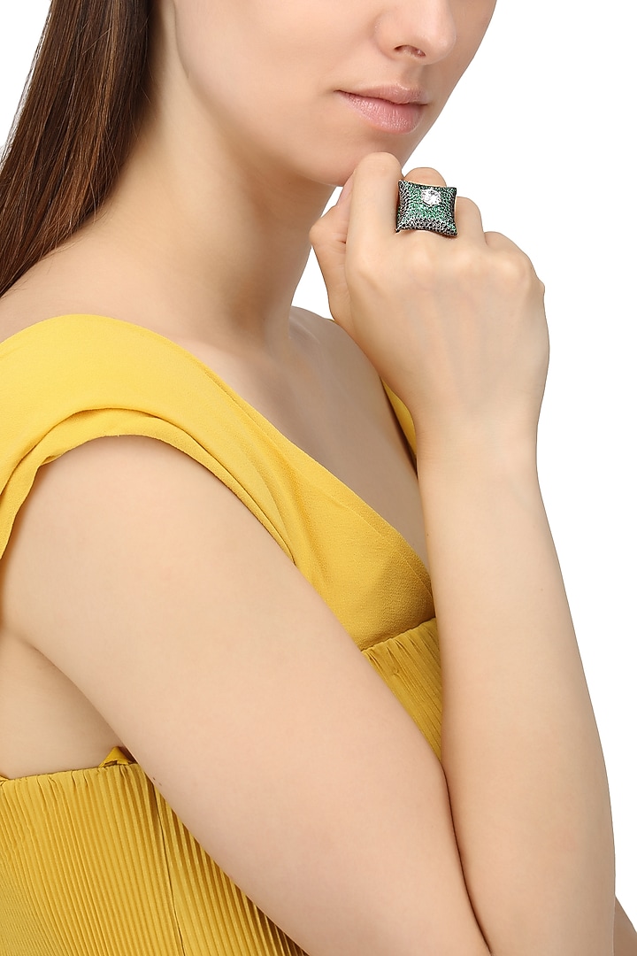 Rhodium finish zircon and swarovski textured square shape ring available only at Pernia's Pop Up Shop.