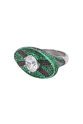 Rhodium Finish Zircon and Swarovski Textured Oval Shape Ring by Tsara
