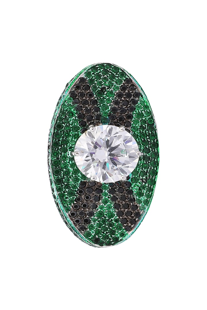Rhodium finish zircon and swarovski textured oval shape ring available only at Pernia's Pop Up Shop.