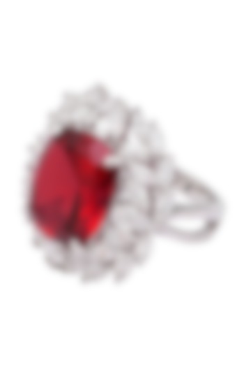 Rhodium Finish Red Ruby Stone and Zircon Ring by Tsara