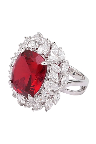 Rhodium Finish Red Ruby Stone and Zircon Ring by Tsara