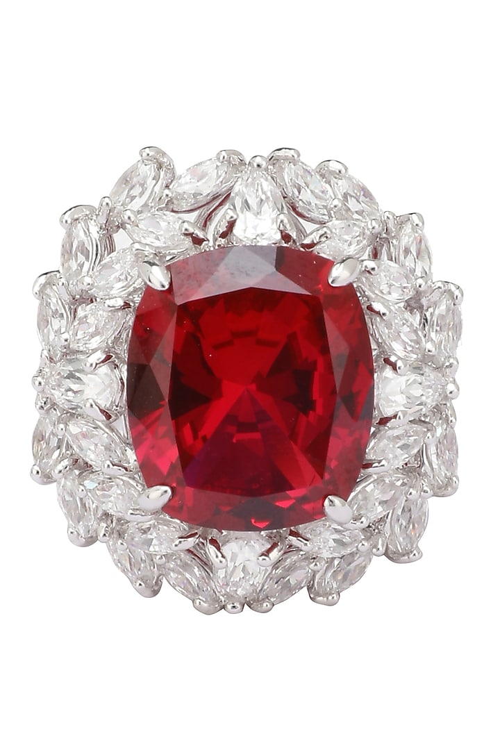 Rhodium finish red ruby stone and zircon ring available only at Pernia's Pop Up Shop.