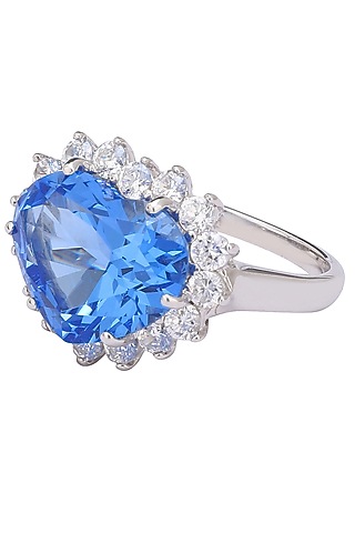 Rhodium Finish Blue Topaz and Zircon Heart Shaped Ring by Tsara