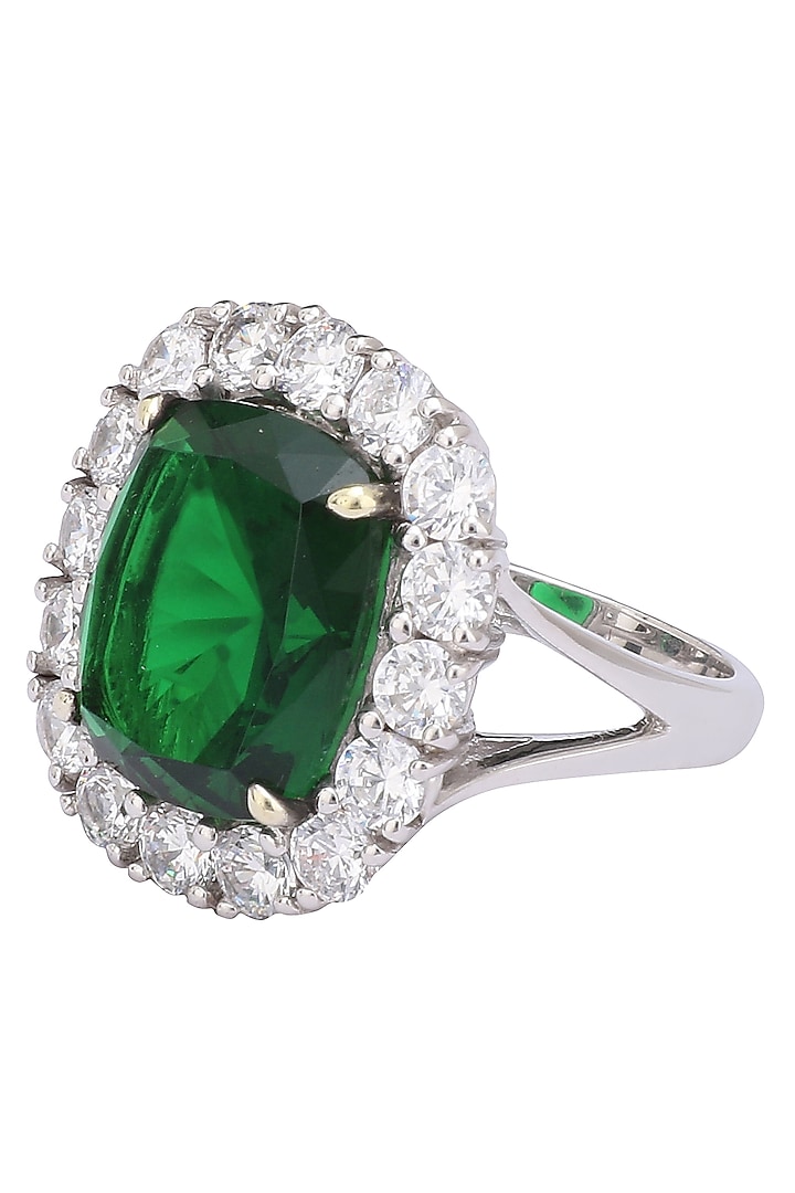 Rhodium Finish Green Emerald Stone and Zircon Ring by Tsara