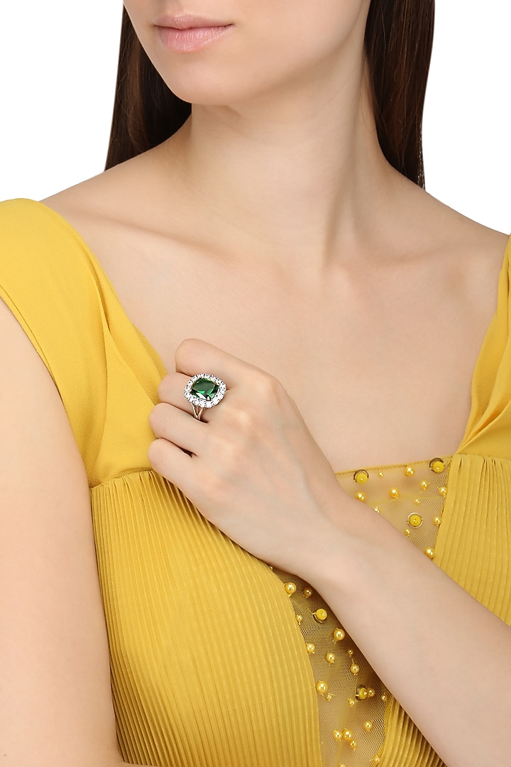 Rhodium finish green emerald stone and zircon ring available only at Pernia's Pop Up Shop.
