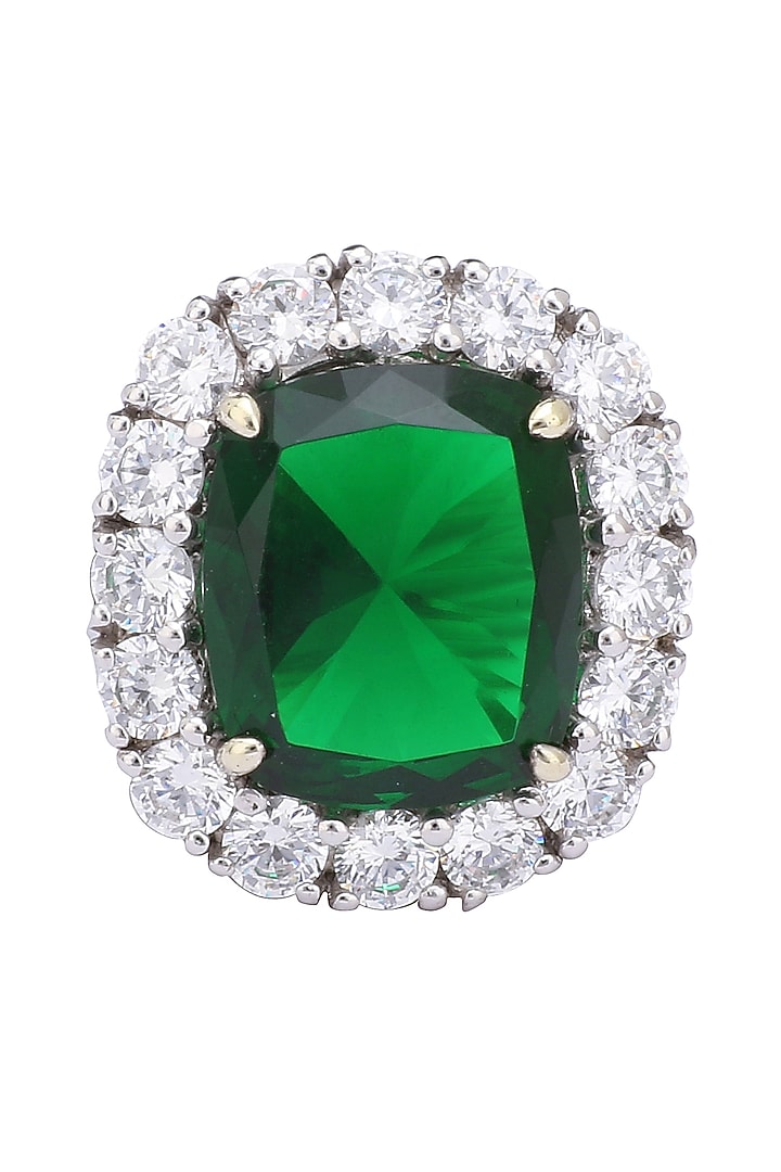Rhodium finish green emerald stone and zircon ring available only at Pernia's Pop Up Shop.