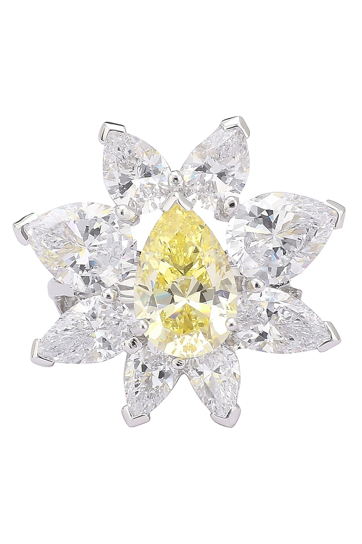 Rhodium finish tear shaped yellow and white zircons ring available only at Pernia's Pop Up Shop.