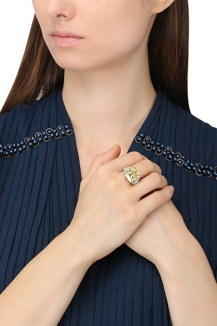 Rhodium and gold dual finish yellow diamond and zircons ring available only at Pernia's Pop Up Shop.