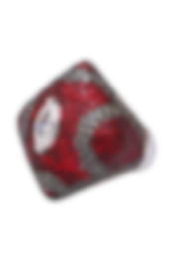 Rhodium Finish Square Shaped Black and Red Zircon and Swarovski Ring by Tsara