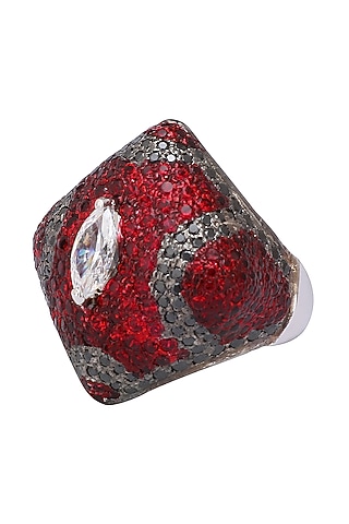 Rhodium Finish Square Shaped Black and Red Zircon and Swarovski Ring by Tsara