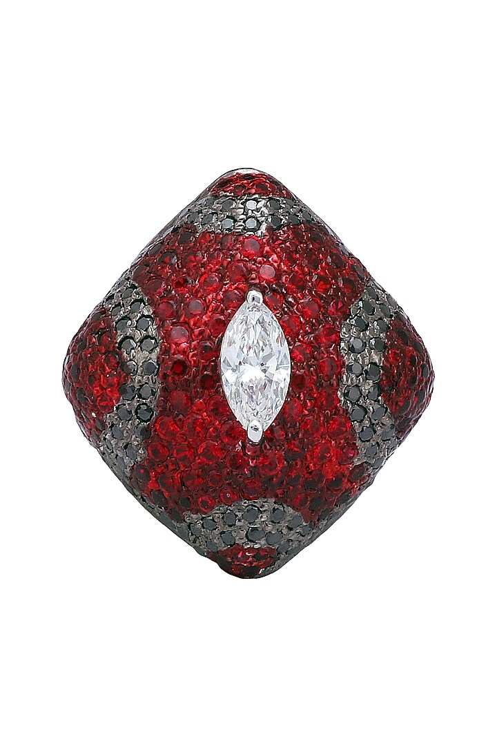 Rhodium finish square shaped black and red zircon and swarovski ring available only at Pernia's Pop Up Shop.
