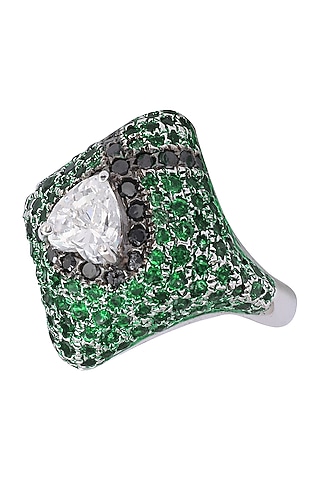 Rhodium Finish Square Shaped Black and Green Zircon and Swarovski Ring by Tsara