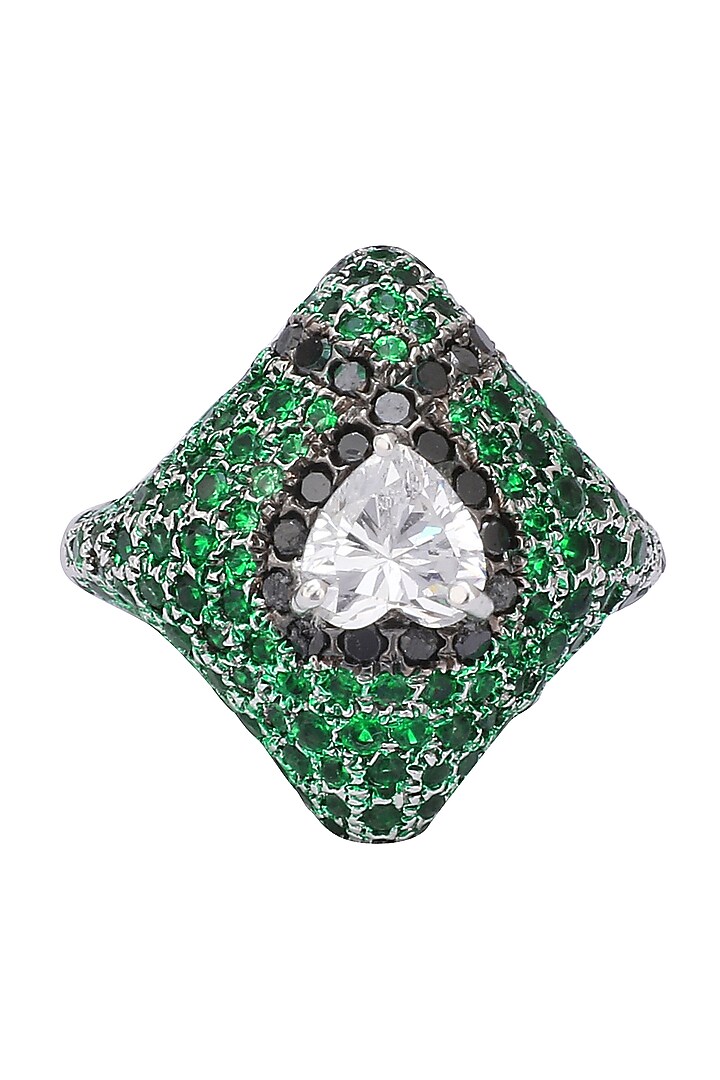 Rhodium finish square shaped black and green zircon and swarovski ring available only at Pernia's Pop Up Shop.