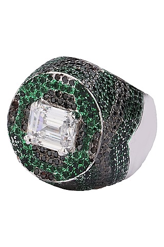 Rhodium Finish Black and Green Zircon and Swarovski Ring by Tsara