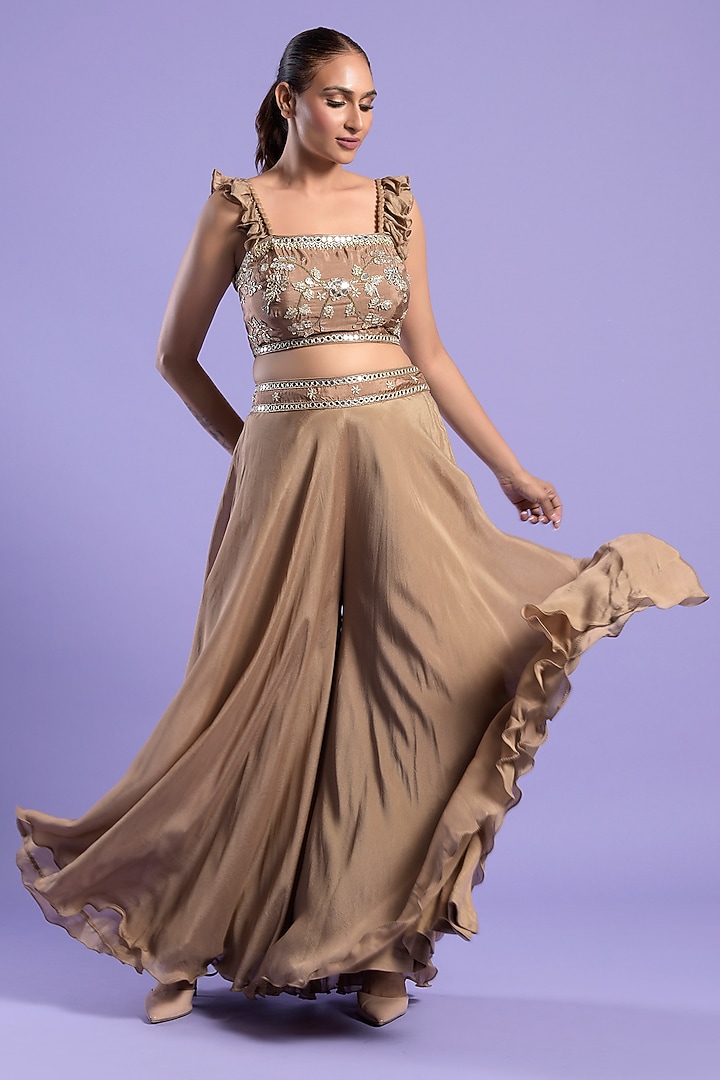 Gold Crepe Silk Palazzo Pant Set by Two Sisters By Gyans at Pernia's Pop Up Shop
