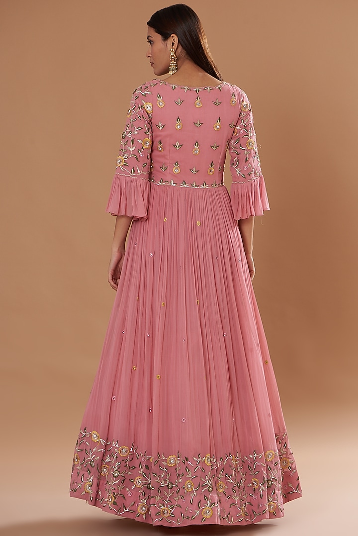 Peach Georgette Embroidered Wedding Anarkali Set by Two Sisters By Gyans at Pernia's Pop Up Shop