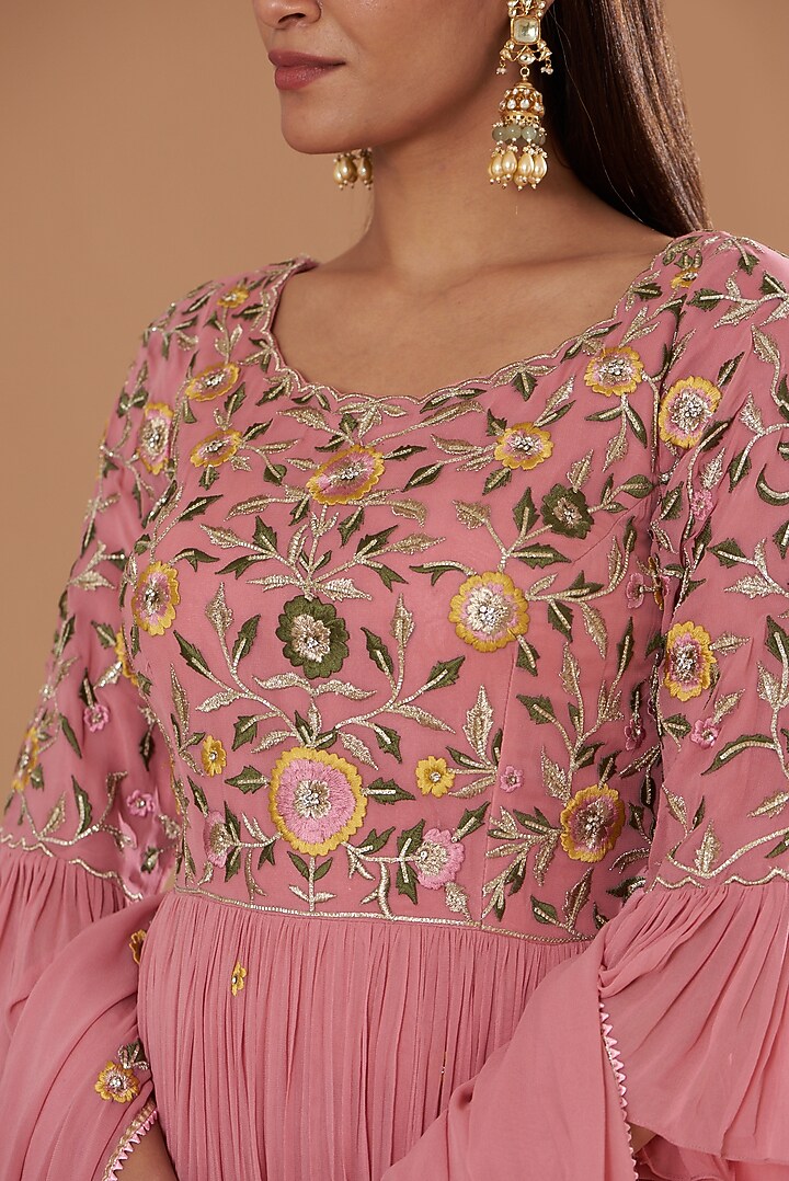 Peach Georgette Embroidered Wedding Anarkali Set by Two Sisters By Gyans at Pernia's Pop Up Shop