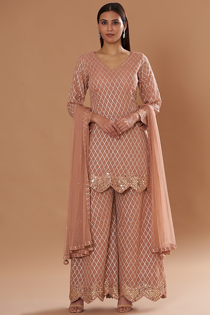 Peach Georgette Embroidered Sharara Set by Two Sisters By Gyans