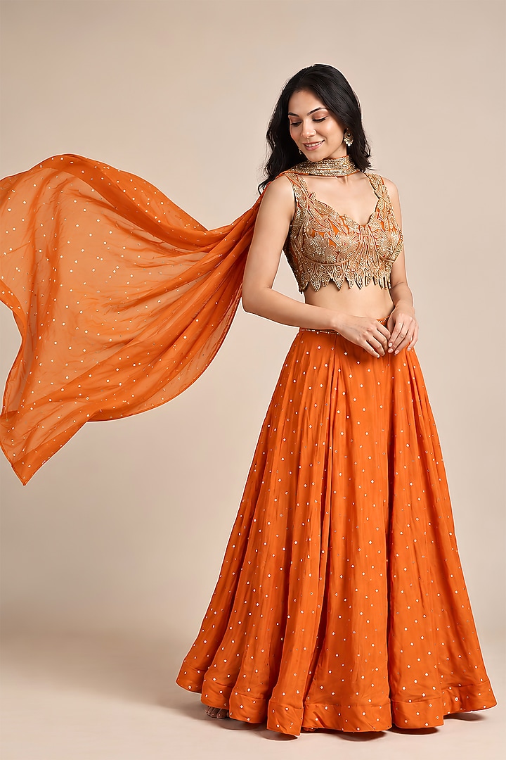 Deep Orange Georgette Embroidered Lehenga Set by Two Sisters By Gyans at Pernia's Pop Up Shop