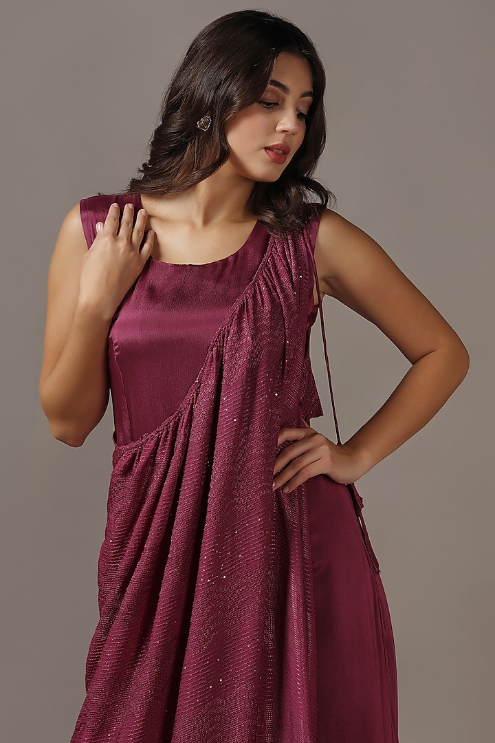Wine Diamond Chiffon Party Wear Gown With Draped Cape by Two Sisters By Gyans at Pernia's Pop Up Shop