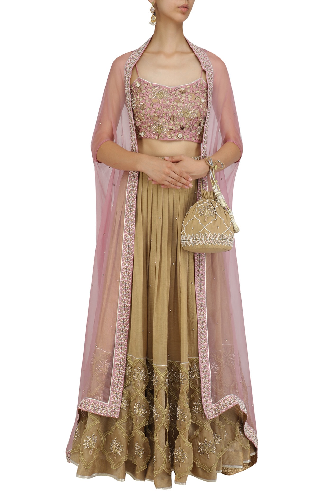 Ivory cutwork blouse, lehenga & cape – Sapana Amin