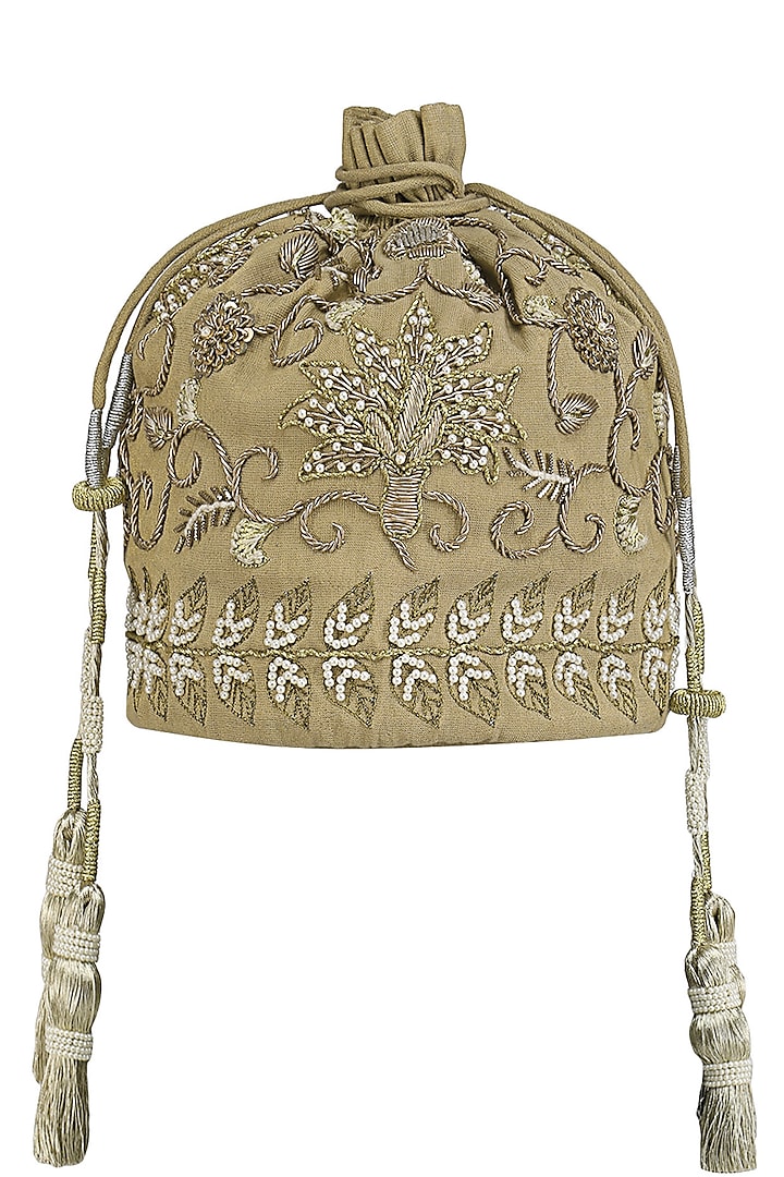 Gold Pearl and Dabka Embroidered Potli Bag by Tisha Saksena