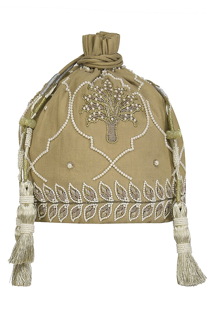 Gold Pearl and Dabka Embroidered Tasseled Potli Bag by Tisha Saksena