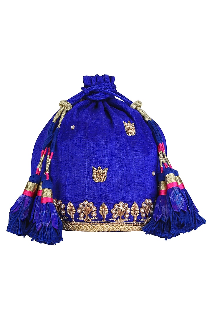 Blue and Gold Zari and Pearl Embroidery Potli Bag by Tisha Saksena