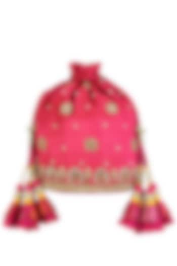 Pink and Gold Zari and Pearl Embroidery Potli Bag by Tisha Saksena