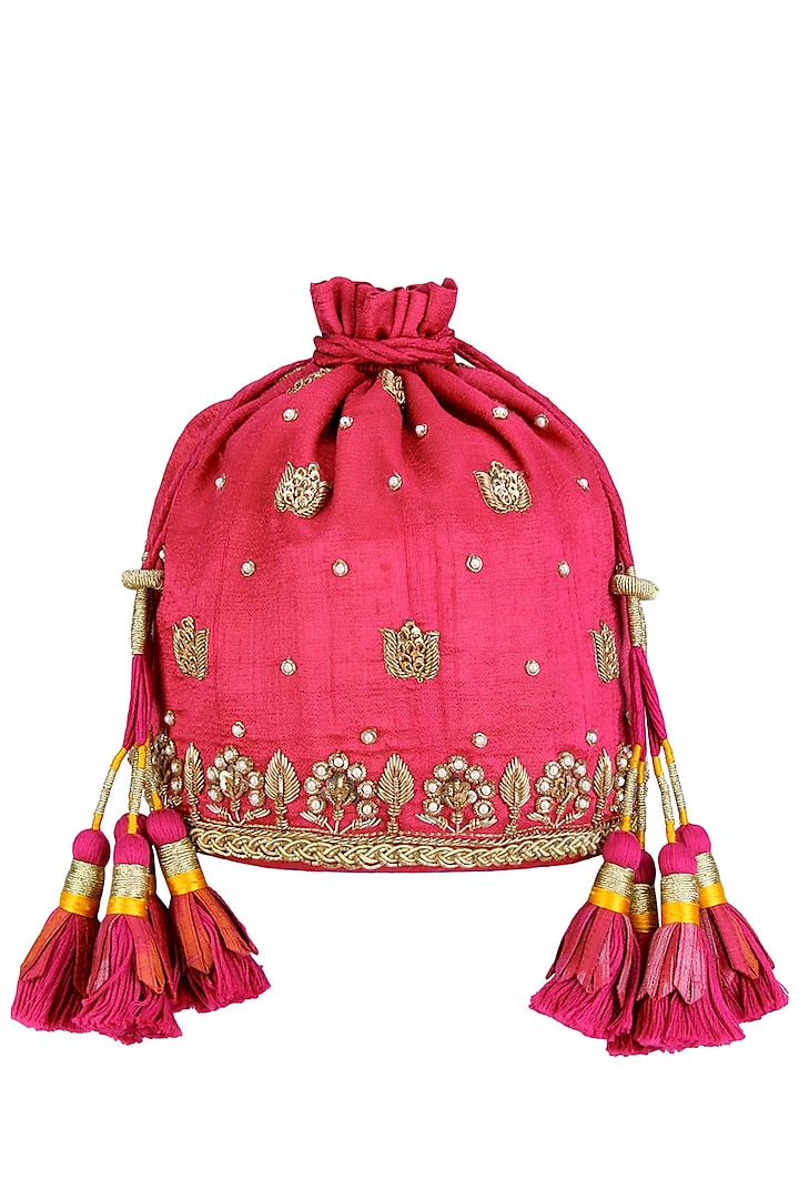 Pink and Gold Zari and Pearl Embroidery Potli Bag by Tisha Saksena