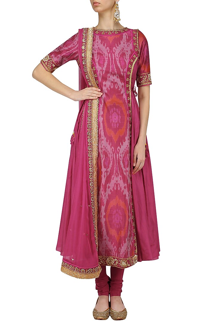Pink floral embroidered double ikat printed kalidaar kurta set available only at Pernia's Pop Up Shop.