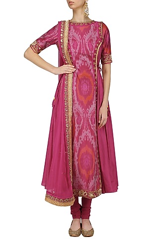 Pink Floral Embroidered Double Ikat Printed Kalidaar Kurta Set by Tisha Saksena