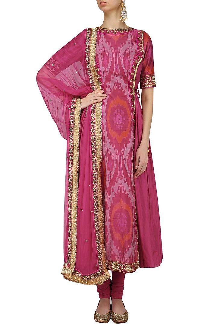 Pink floral embroidered double ikat printed kalidaar kurta set available only at Pernia's Pop Up Shop.