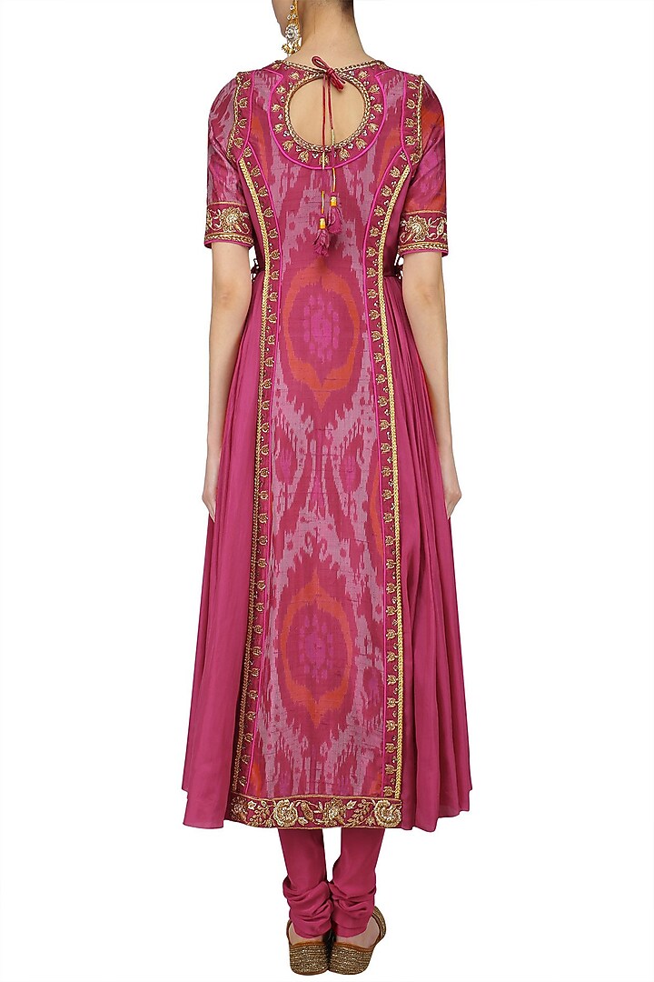 Pink floral embroidered double ikat printed kalidaar kurta set available only at Pernia's Pop Up Shop.