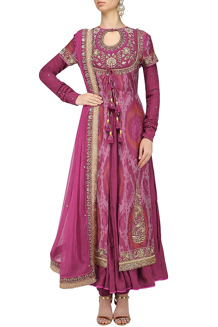 Pink floral work ikat print kurta set available only at Pernia's Pop Up Shop.