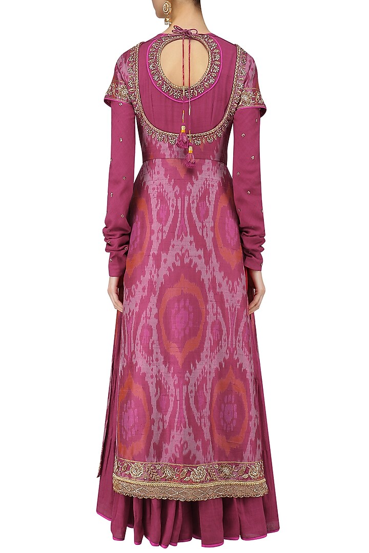 Pink floral work ikat print kurta set available only at Pernia's Pop Up Shop.